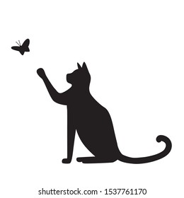 Vector isolated cat playing with a butterfly silhouette, logo, print, decorative sticker