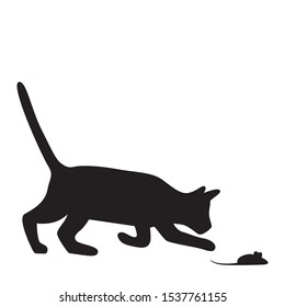 Vector isolated cat playing with a mouse silhouette, logo, print, decorative sticker