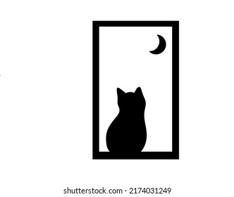 Vector isolated cat sits in the rectangle window  and looks at the crescent moon colorless black outline silhouette stencil