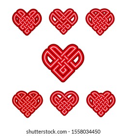 Vector isolated Celtic knot pattern hearts. Weaving style design in red color for your unforgettable  Valentine Day