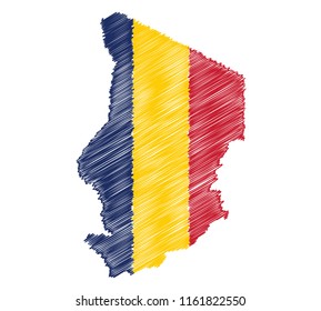 Vector of isolated Chad map with the flag. Engraving style hatching pen pencil painting illustration concept.