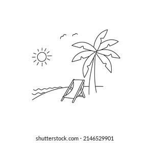 Vector isolated chaise longue under a palm tree on the beach colorless black and white contour line graphic drawing 