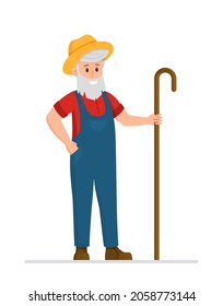 Vector isolated character, farmer with a stick. A smiling shepherd in working clothes.