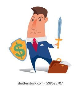 Vector isolated character image businessman, warrior, knight, shield, sword, weapon, dollar sign.
