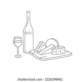 Vector isolated cheese plate on wooden board with bottle wine and glass colorless black and white contour line easy drawing