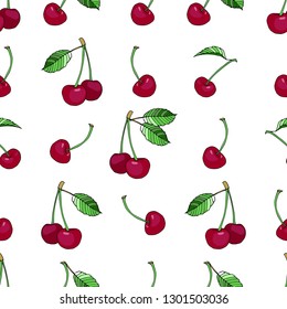 Vector isolated cherry pattern with leaves on white background, can be used for textiles, napkins, wallpaper, cards and notebook covers