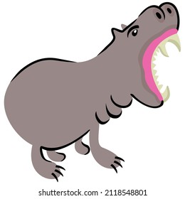 Vector isolated childish illustration of hippopotamus with open mouth and teeth.