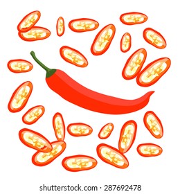 Vector isolated chilli pepper on white background. Sliced chili. Cooking ingredients vector elements. Mexican cuisine