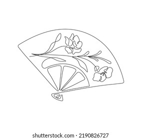 Vector isolated chinese fan with flowers colorless black and white one single line drawing