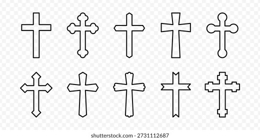 Vector isolated Christian Cross icon set in black outline