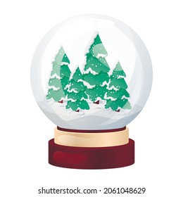 Vector aisló la ilustración navideña. Bola de nieve de recuerdo festiva con árboles de Navidad.