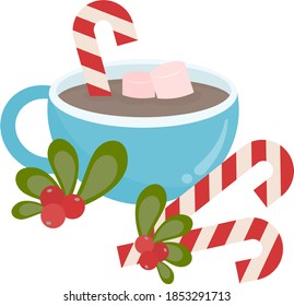 vector isolated christmas image of a blue cup with hot cocoa, with the addition of candy caramel and marshmallows, next to which lies mistletoe leaf and berries on a white background and candies