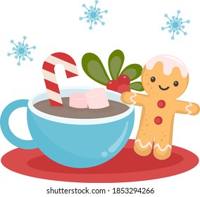 vector isolated christmas image of a blue cup with hot cocoa, with the addition of lollipop caramel and marshmallows, next to which lies a branch of mistletoe and cookies gingerbread man