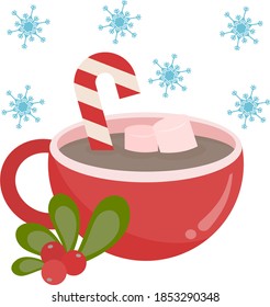 vector isolated Christmas image of a red cup with hot cocoa,with the addition of candy caramel and marshmallows,next to which lies a leaf and mistletoe berries on a white background with blue snowflak