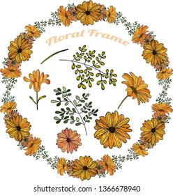 Vector isolated circle frame template  - with floral branch, decor elements, red gerberas and stylized herbs