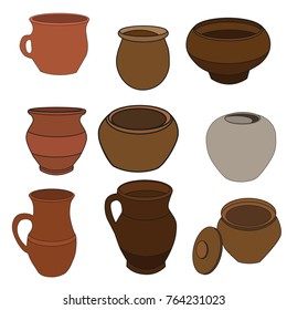 vector isolated clay jug and pots set