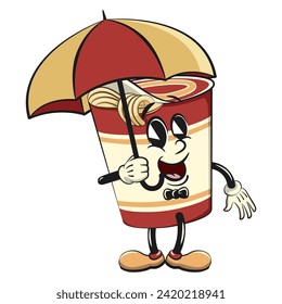 vector isolated clip art illustration of cute instant noodles cup mascot with umbrella, work of handmade