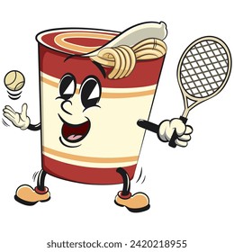 vector isolated clip art illustration of cute instant noodles cup mascot playing tennis with a tennis racket and ball, work of handmade