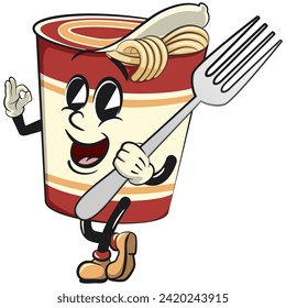 ilustración de clip aislado vectorial de la linda mascota de la taza de fideos instantáneos dando una señal correcta y sosteniendo un tenedor, obra de fabricación artesanal