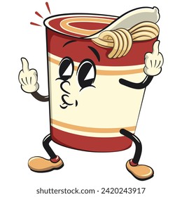 ilustración de clip aislado vectorial de la linda taza de fideos instantáneos levantando dos dedos medios, trabajo hecho a mano