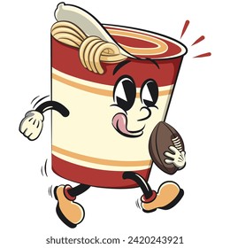 vector isolated clip art illustration of cute instant noodles cup mascot playing american football with an oval ball, work of handmade