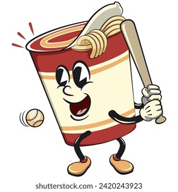 vector isolated clip art illustration of cute instant noodles cup mascot ready to hit a baseball with a bat, work of handmade