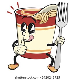 vector isolated clip art illustration of cute instant noodles cup mascot giving a thumbs up and holding a fork, work of handmade