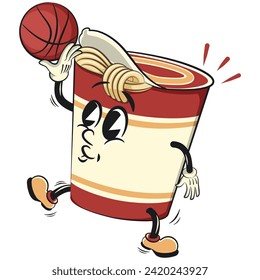 vector isolated clip art illustration of cute instant noodles cup mascot playing basketball, , work of handmade