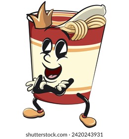 vector isolated clip art illustration of cute instant noodles cup mascot with a king's crown folding his arms calmly, work of handmade