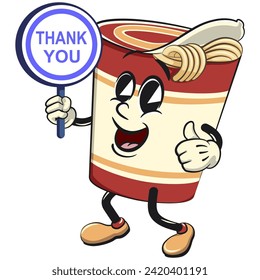 vector isolated clip art illustration of cute instant noodles cup mascot carrying a sign saying thank you, work of handmade