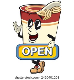 vector isolated clip art illustration of cute instant noodles cup mascot carrying a sign that says open, work of handmade 