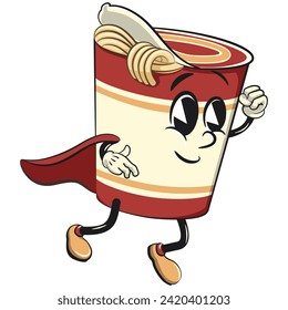 vector isolated clip art illustration of cute instant noodles cup mascot being superhero with a cape, work of handmade