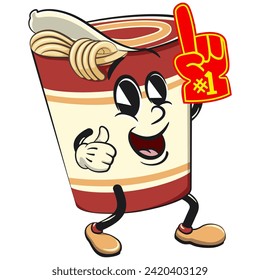 vector isolated clip art illustration of cute instant noodles cup mascot raising a foam finger, work of handmade