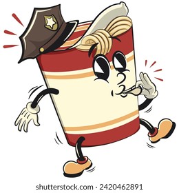 vector isolated clip art illustration of cute instant noodles cup mascot wearing a police hat and blowing a whistle, work of handmade