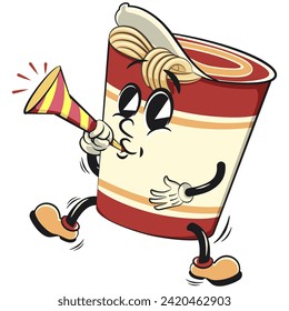 vector isolated clip art illustration of cute instant noodles cup mascot blowing party trumpet, work of handmade