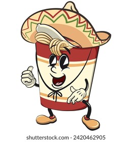 vector isolated clip art illustration of cute instant noodles cup mascot wearing sombrero with thumb up, work of handmade