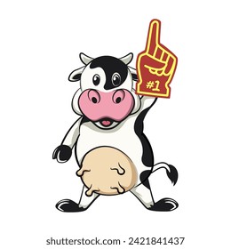 vector isolated clip art illustration of cute cow mascot raising a foam finger, work of handmade