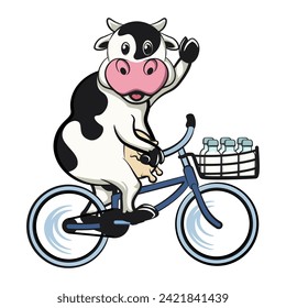 vector isolated clip art illustration of cute cow mascot delivering milk in bottles on a bicycle