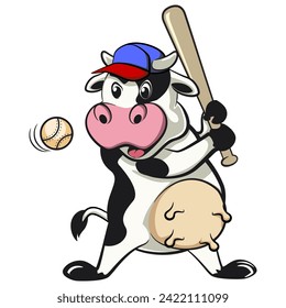 vector isolated clip art illustration of cute cow mascot ready to hit a baseball with a bat, work of handmade
