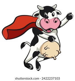 vector isolated clip art illustration of cute cow mascot being superhero with a cape, work of handmade