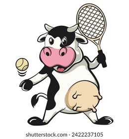 vector isolated clip art illustration of cute cow mascot playing tennis with a tennis racket and ball, work of handmade