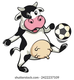 vector isolated clip art illustration of cute cow mascot mascot playing football or soccer, work of handmade