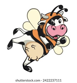 vector isolated clip art illustration of cute cow mascot wearing clothes that resemble bees with wings and stripes, as a symbol of milk and honey, work of handmade