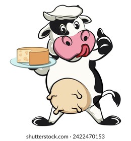 vector isolated clip art illustration of cute cow mascot chef with a big slice of delicious cheese, work of handmade