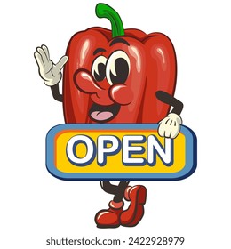 vector isolated clip art illustration of cute bell peppers mascot carrying a sign that says open, work of handmade