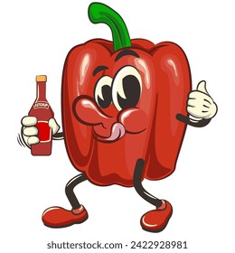 vector isolated clip art illustration of cute bell peppers mascot holding a bottle of ketchup, work of handmade