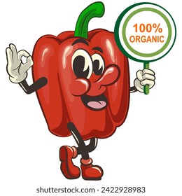 vector isolated clip art illustration of cute bell peppers mascot carrying a sign that says one hundred percent organic, work of handmade