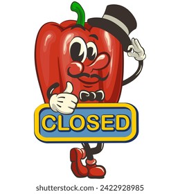 vector isolated clip art illustration of cute bell peppers mascot carrying a sign that says closed, work of handmade