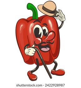 vector isolated clip art illustration of cute bell peppers mascot carrying a stick and saluting with raised hat, work of handmade