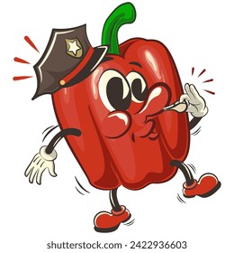 vector isolated clip art illustration of cute bell peppers mascot wearing a police hat and blowing a whistle, work of handmade